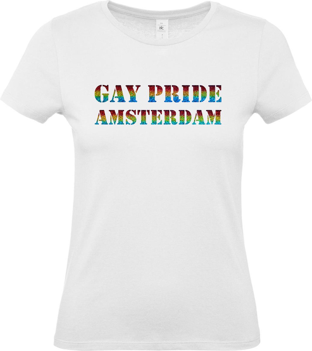 Dames t-shirt Gay Pride Amsterdam | Regenboog vlag | Gay pride kleding | Pride shirt | Wit | maat XL